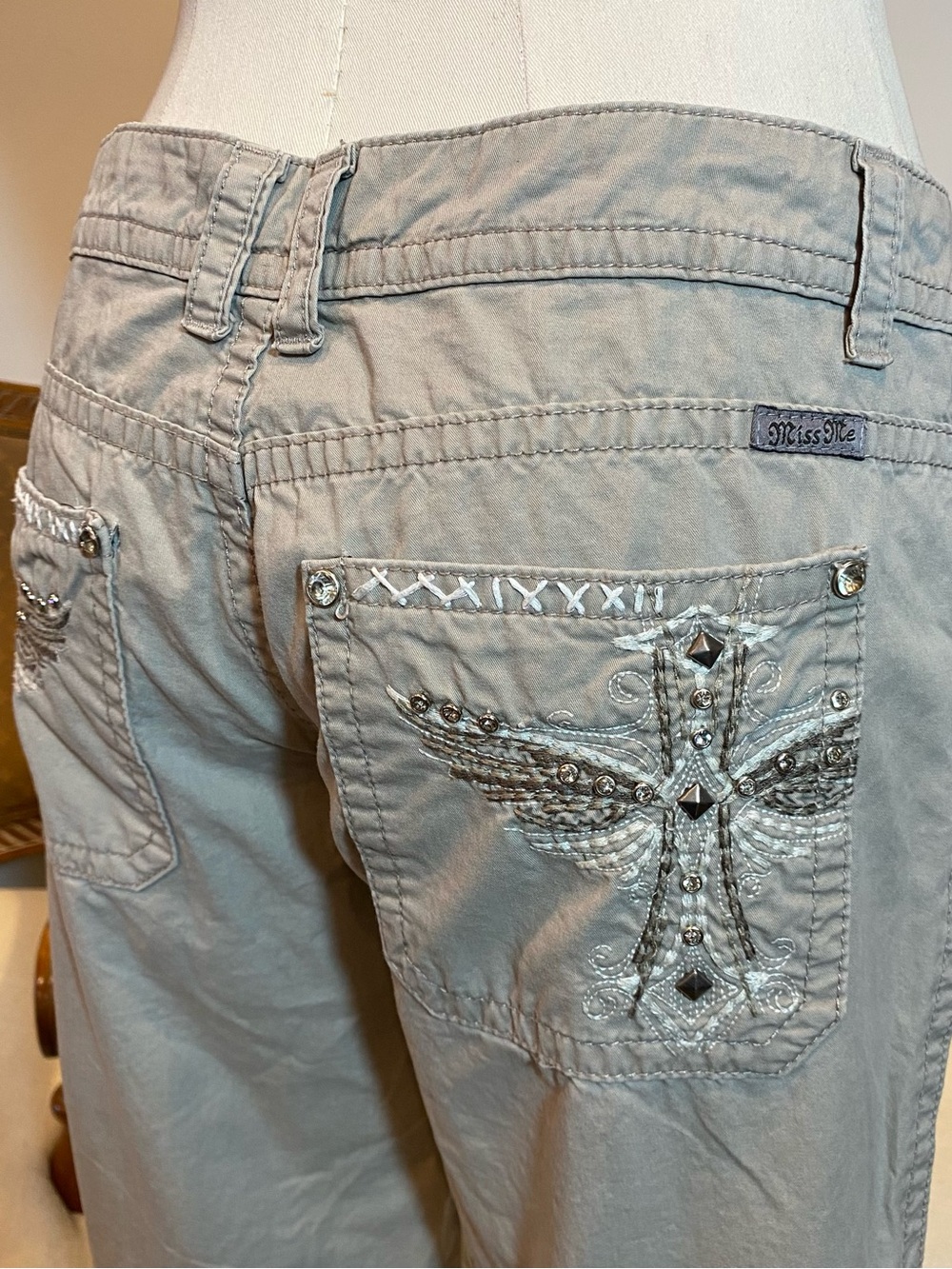 Miss Me Beige Embroidered Lowrise Cargo Pants with Studded Cross Design Size 6